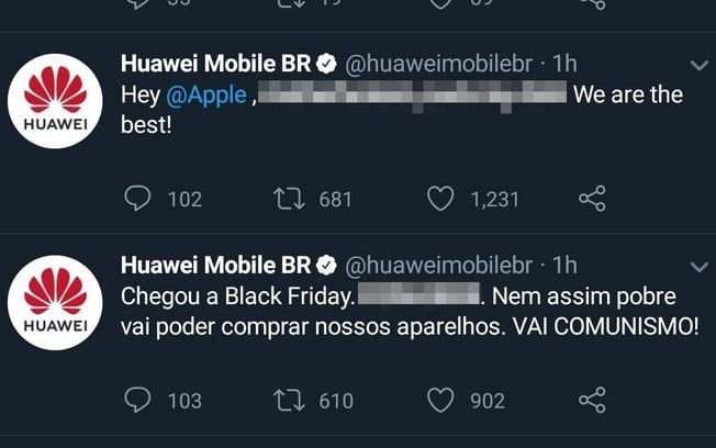 Conta da Huawei no Twitter fez publicações ofensivas