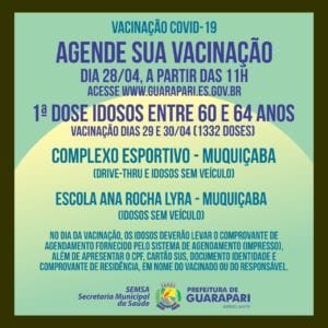 Novo agendamento para vacinação dos idosos entre 60 a 64 anos em Guarapari