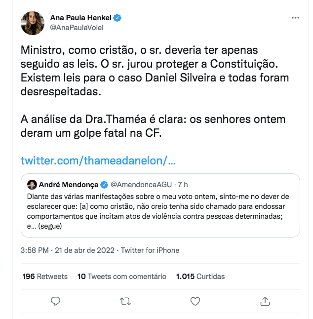 Ana Paula Henkel reage a post de Mendonça sobre Silveira