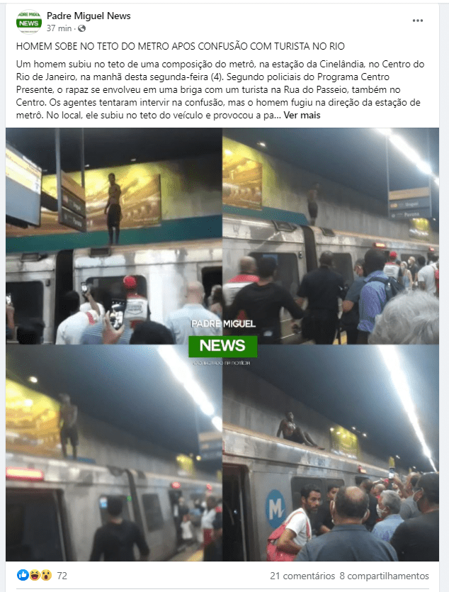 Após briga com turista, homem sobe no teto do metrô