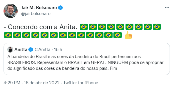 Bolsonaro ironiza post de Anitta sobre a bandeira do Brasil