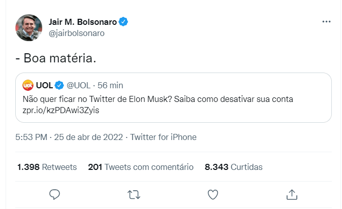 Bolsonaro reage a conteúdo do UOL sobre ‘desativar conta no Twitter’