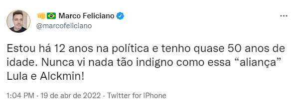 Feliciano volta a criticar aliança entre Lula e Alckmin: ‘Indigno’
