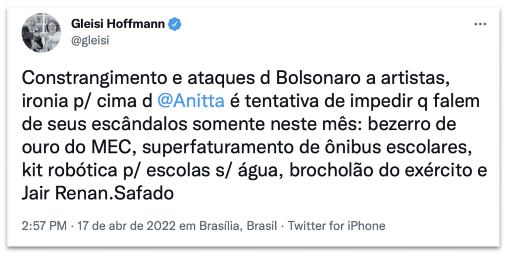 Gleisi critica Bolsonaro por post sobre Anitta: "safado"