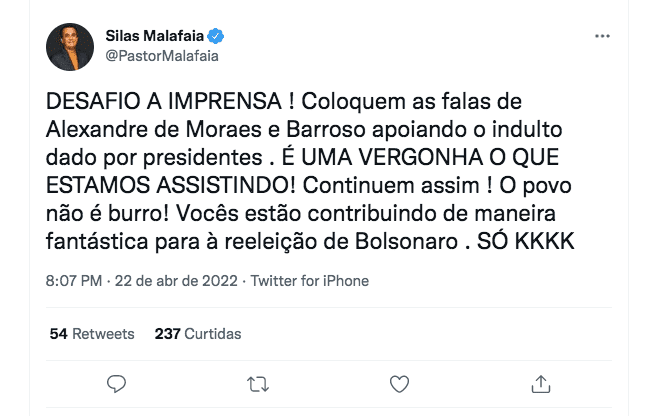 Malafaia desafia imprensa: “Coloquem falas de Moraes e Barroso”