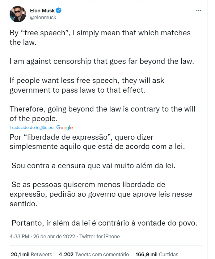 Musk faz post sobre liberdade de expressão: “Sou contra censura”