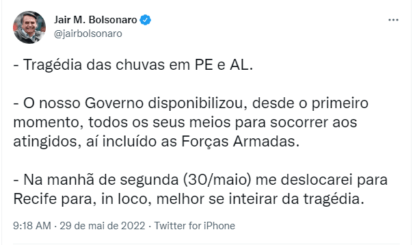 Bolsonaro avisa que irá a Recife: “Me inteirar da tragédia”