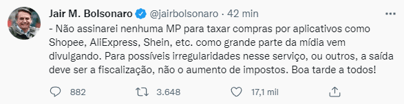 Bolsonaro avisa que não irá assinar MP para taxar compras