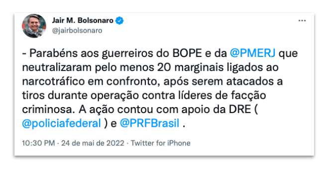 Bolsonaro elogia polícia por ação que matou 22 pessoas no Rio