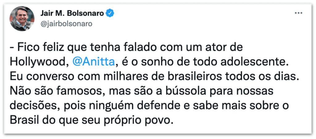 Bolsonaro responde Anitta sobre Amazônia