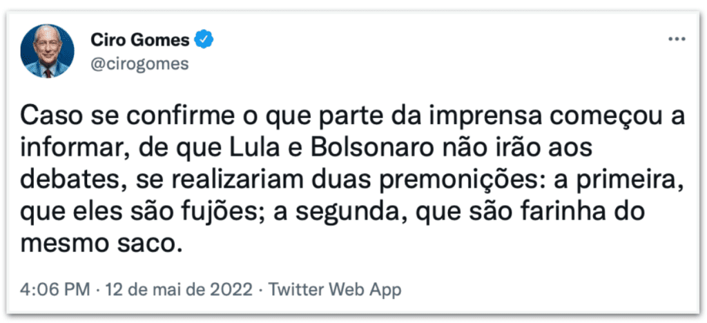 Ciro critica possível ausência de Bolsonaro e Lula nos debates