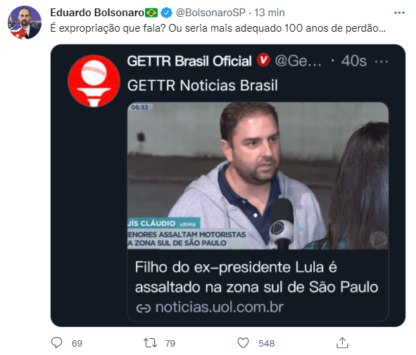 Eduardo Bolsonaro ironiza assalto a filho de Lula: “100 anos de perdão”