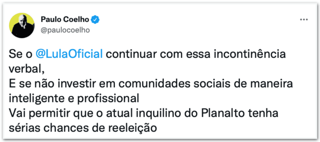 Lula permite chances de Bolsonaro ser reeleito, diz Paulo Coelho