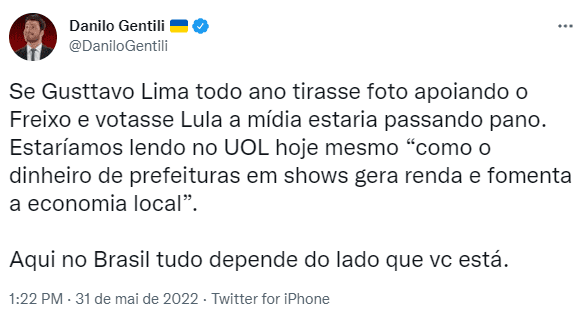 Mídia passaria pano se Gusttavo Lima votasse no Lula, diz Gentili