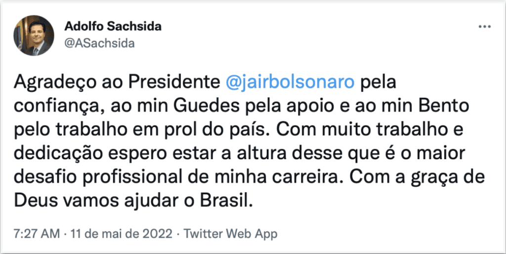 Sachsida agradece a Bolsonaro, Guedes e Bento após nomeação