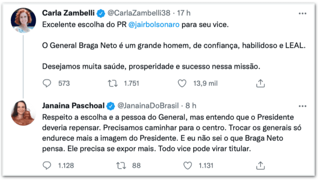 Bolsonaro deve “repensar” Braga Netto como vice, diz Janaina