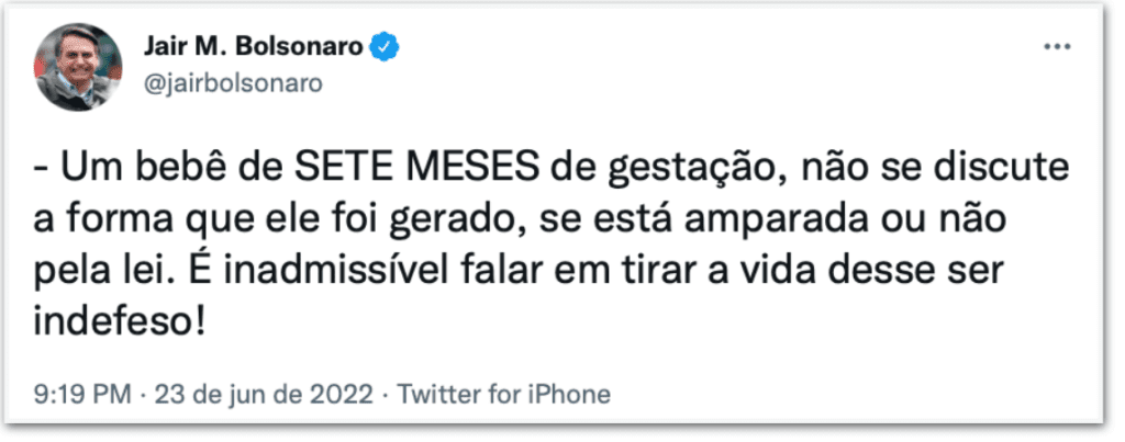 Bolsonaro diz ser inadmissível aborto com 7 meses de gestação