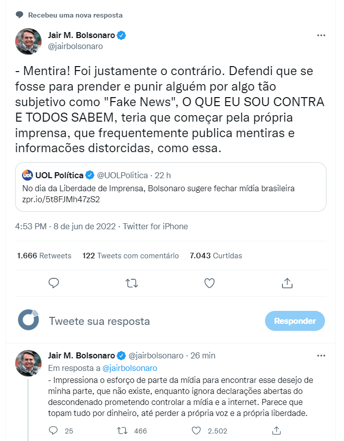 Bolsonaro rebate reportagem do UOL e aponta mentira