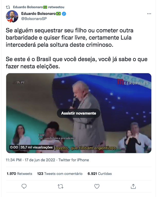 Eduardo Bolsonaro critica Lula por libertação de sequestradores de Abílio