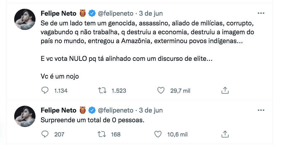 Felipe Neto critica Tiago Leifert por declarações sobre Lula e Bolsonaro