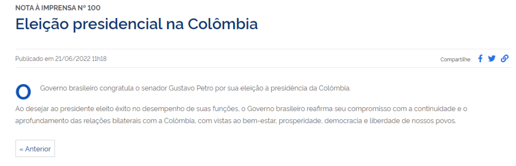 Governo do Brasil parabeniza novo presidente da Colômbia