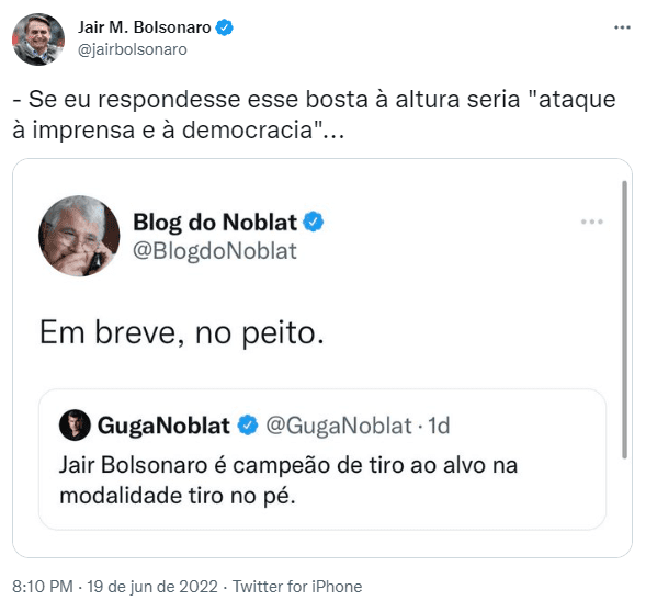 Jair Bolsonaro rebate “ameaça” de Ricardo Noblat: “Esse bosta”