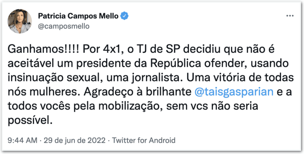 Jornalista da Folha de S.Paulo ganha processo contra Bolsonaro