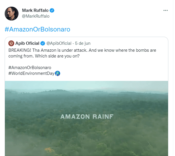 Mark Ruffalo volta a falar do Brasil: “Amazônia ou Bolsonaro”