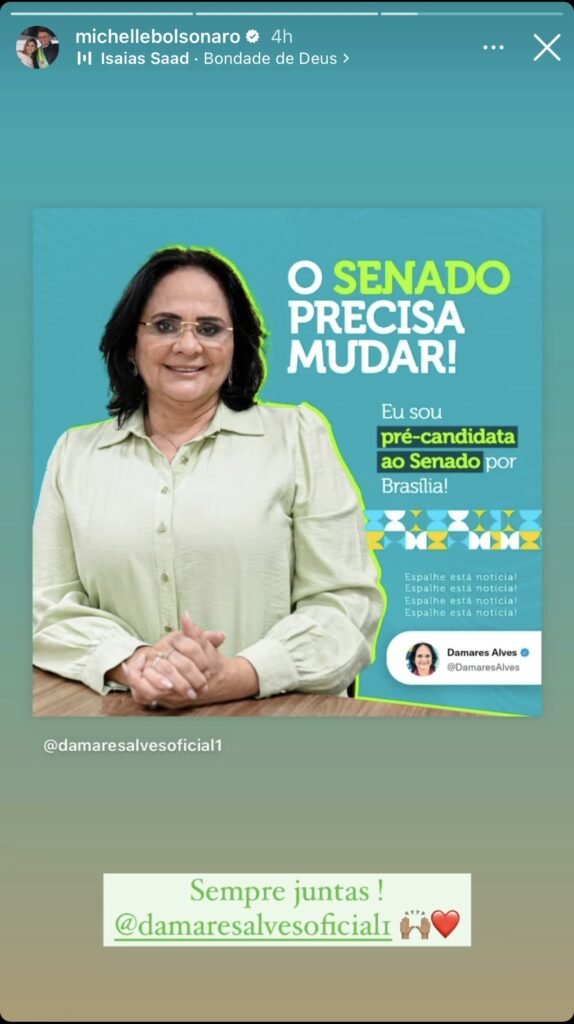 Michelle Bolsonaro faz post em apoio à candidatura de Damares