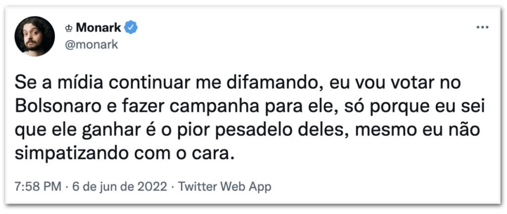 Monark critica a mídia e diz que pode votar em Bolsonaro