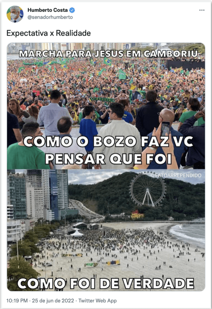 Oposição mostra fotos com público esparso em ato de Bolsonaro