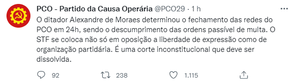 PCO chama Moraes de “ditador” e defende “dissolução do STF”