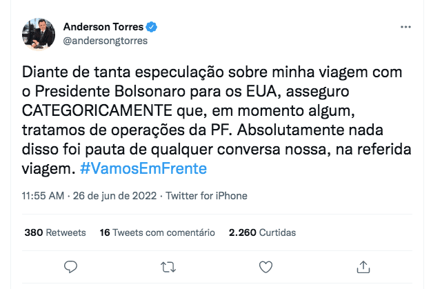 Torres nega ter vazado operação sobre a PF para Bolsonaro