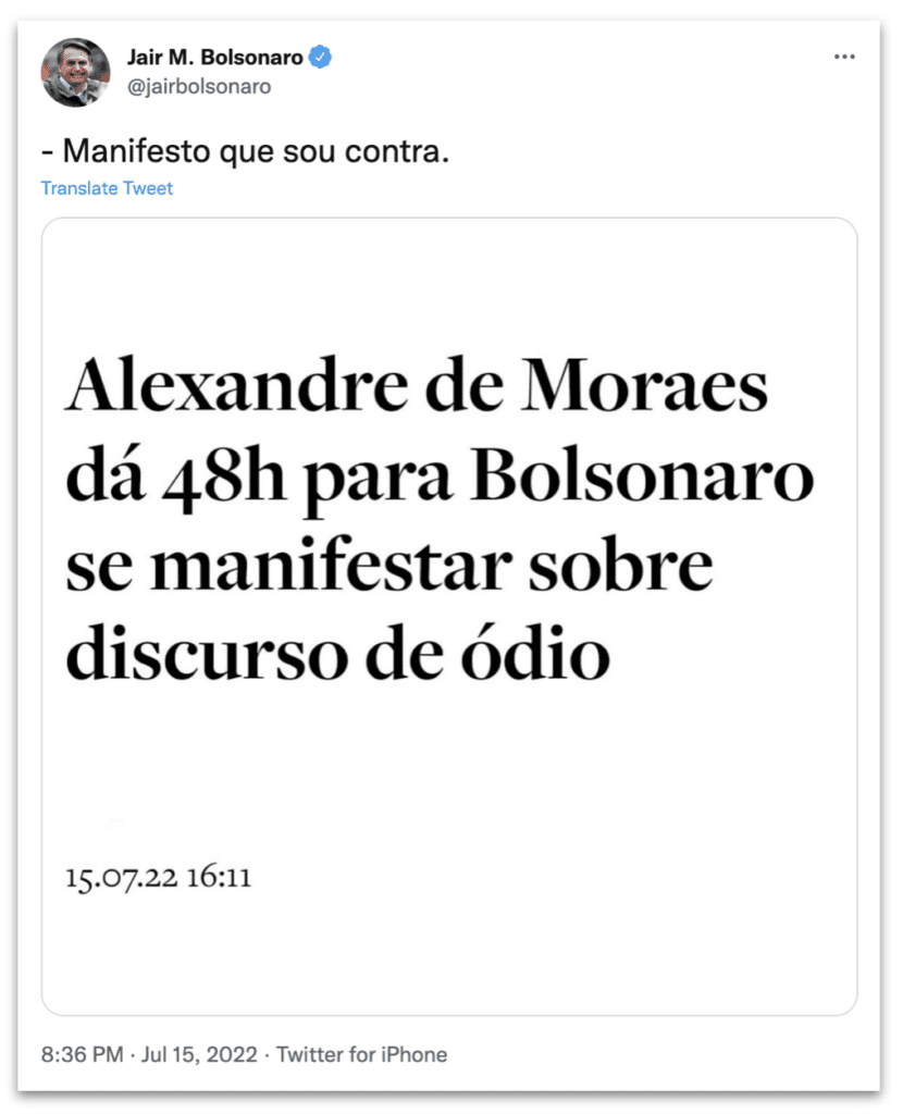 Bolsonaro diz que decisão de Moraes é uma “covardia”