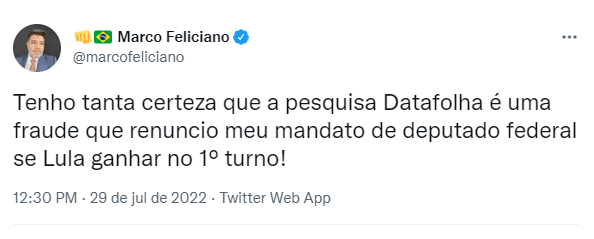 Feliciano: “Renuncio o mandato se Lula ganhar no 1º turno”