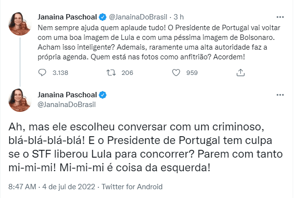 Janaina “reprova” decisão de Bolsonaro sobre Marcelo Rebelo