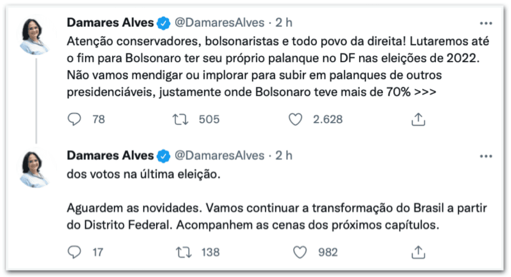 Lutaremos para Bolsonaro ter um palanque no DF, diz Damares