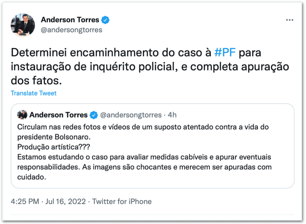 Ministro manda PF apurar vídeo que encena atentado contra Bolsonaro