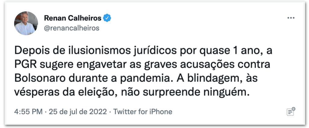 PGR “blinda” Bolsonaro às vésperas da eleição, diz Renan