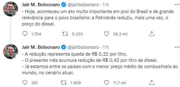 Bolsonaro celebra redução do diesel e ironiza carta da USP