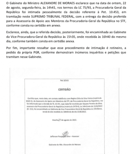 Moraes “rebate” a PGR e diz que Aras foi informado de ação da PF