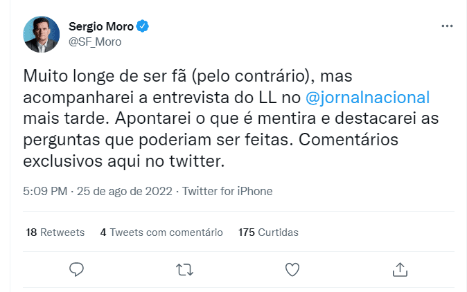 Moro diz que fará comentários sobre sabatina de Lula
