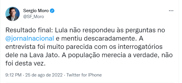 Moro quer direito de resposta na Globo à entrevista de Lula no JN
