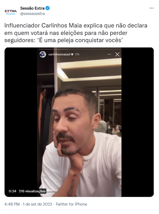 Carlinhos Maia diz que não revela voto para não perder seguidores