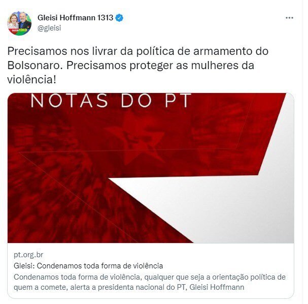 Gleisi Hoffmann condena crime de lulista, mas cita Bolsonaro