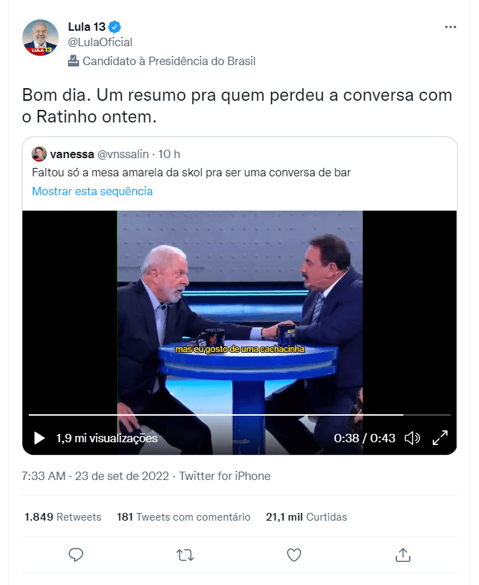 Lula surfa em repercussão de entrevista para Ratinho: ‘Gosto de uma cachacinha’