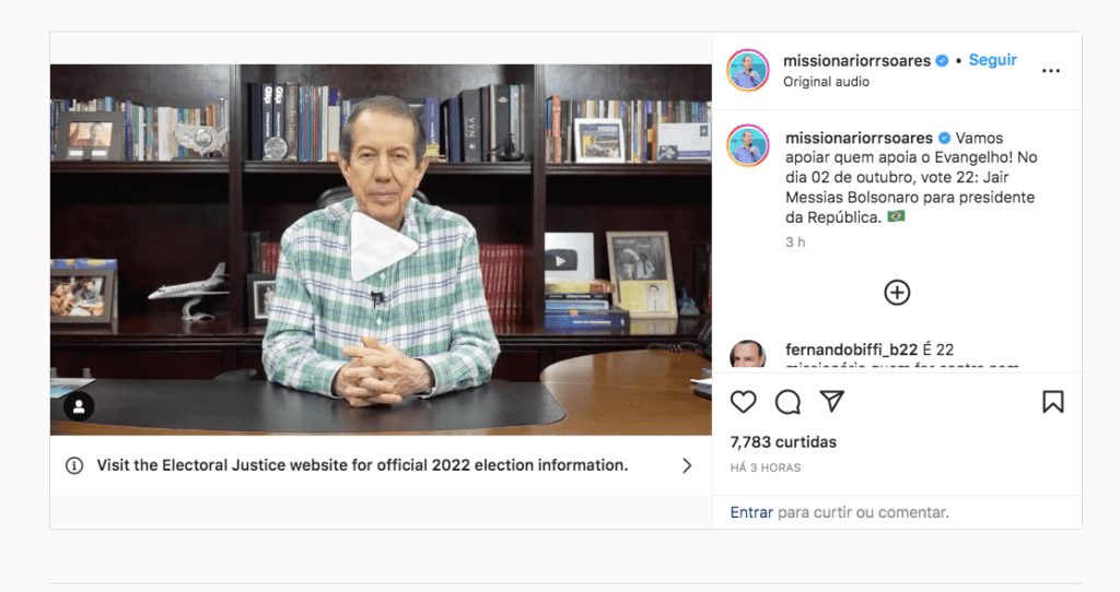 Missionário R. R. Soares grava vídeo em apoio a Bolsonaro