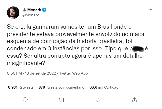 Monark critica Lula: “Ser ultra corrupto agora é apenas um detalhe insignificante?”