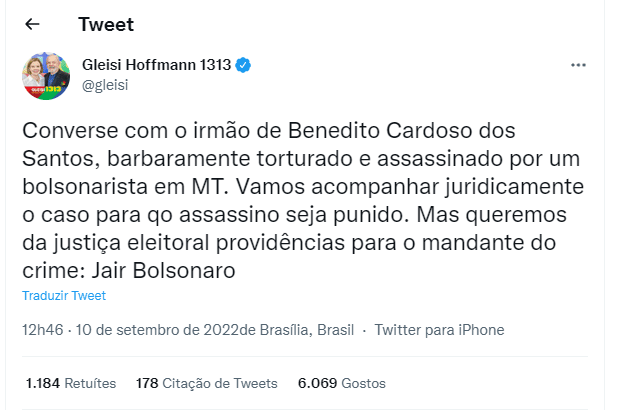 TSE manda Gleisi apagar post com fake news sobre Bolsonaro