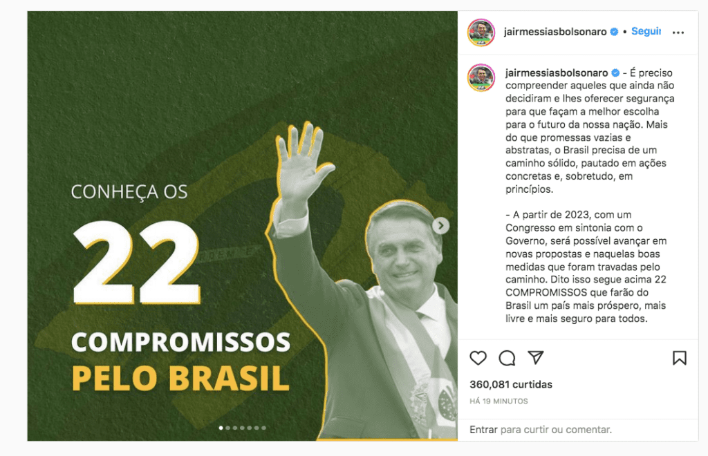 Bolsonaro divulga lista de 22 compromissos pelo Brasil